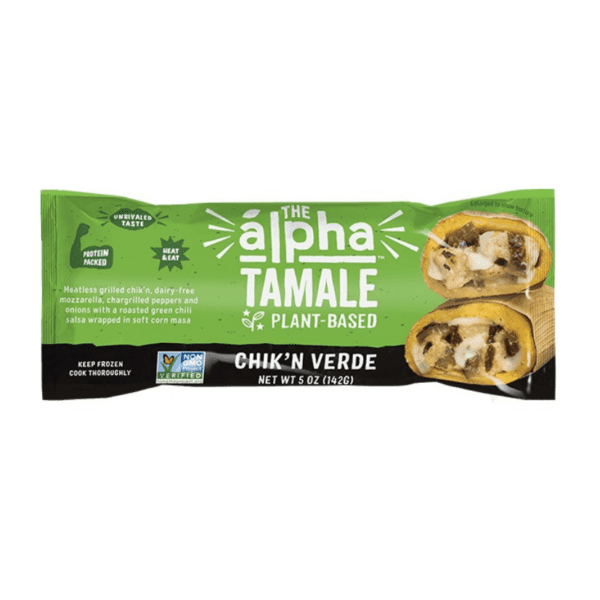 Chik'n Verde Tamale by Alpha Foods comes in a sealed pouch