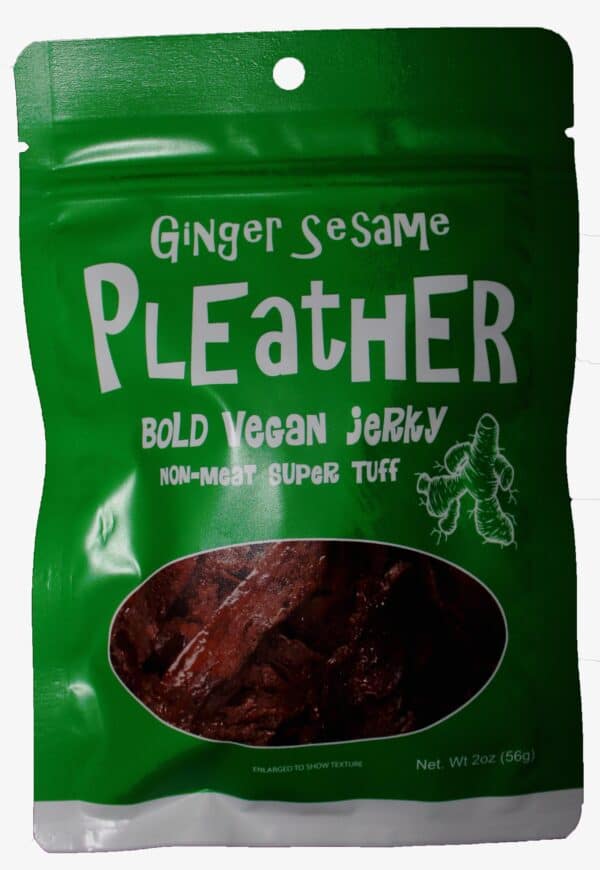 Front of a pack of Ginger Sesame Pleather Vegan Jerky